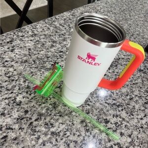 Stanley White Mug with Pink Logo and Orange Handle